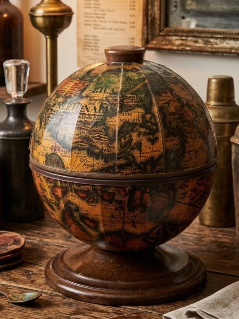 Vintage Mercurio d’Oro globe ice bucket, Italian old world map barware